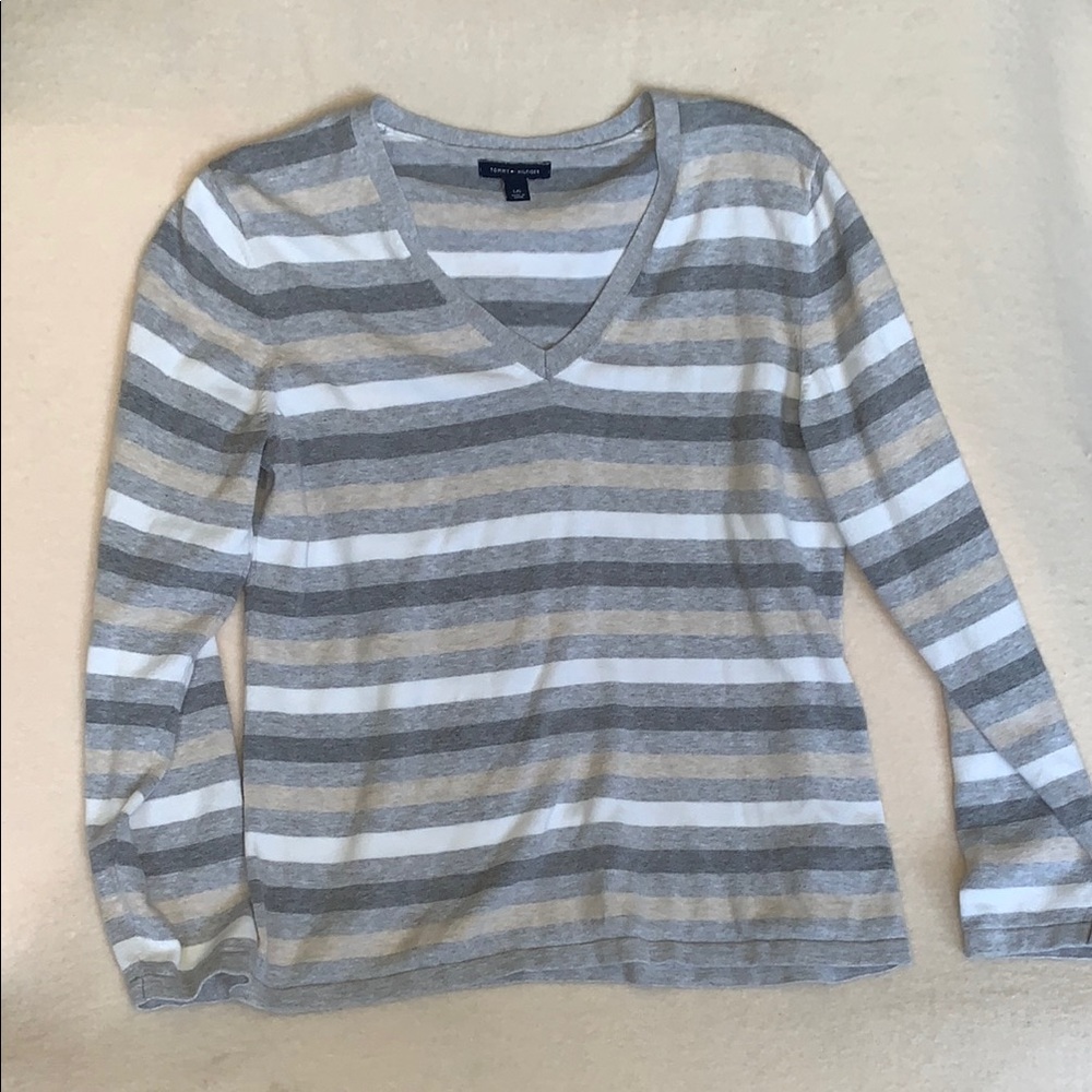 Tommy Hilfiger Gray Striped V-neck Sweater Womens Size Large